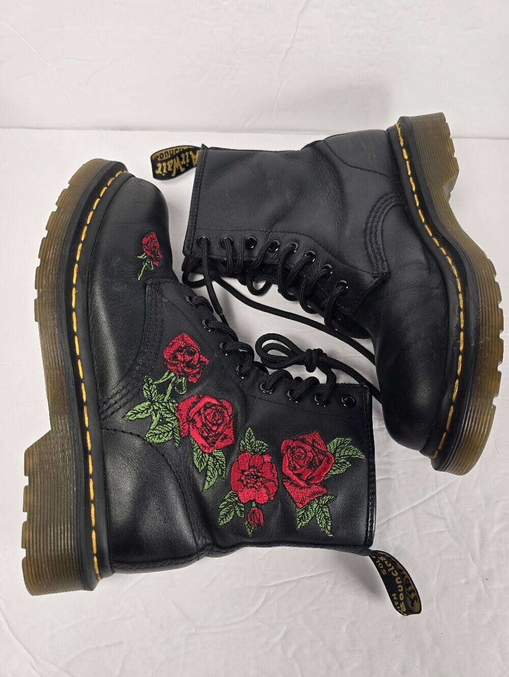 Dr. Martens 1450 Vonda Women's Black Leather Lace-Up Boots Red Rose Embroidery 6 - Picture 9 of 13